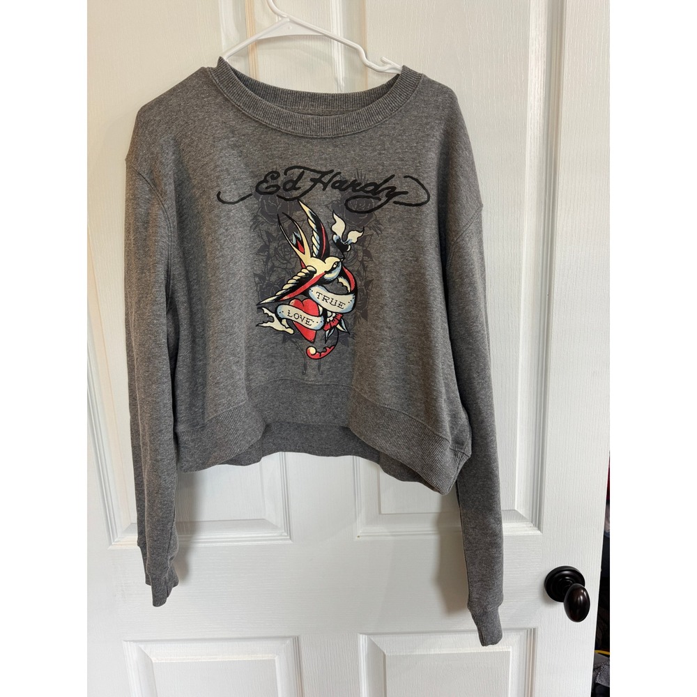 Ed Hardy Cropped Sweatshirt XL Grey True Love Swallow Tattoo Graphic EHWR1415-3